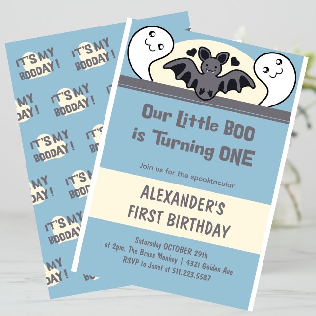 Convite Pequeno Boo Virando um primeiro aniversario de Dia (Halloween-1st-birthday-Invitation-Little-boo-Turning-one-Cute-blue-1)