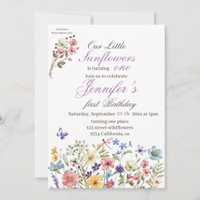 Convite Pequeno Brilhante Flores Selvagens Aquarela Aniver (Frente)