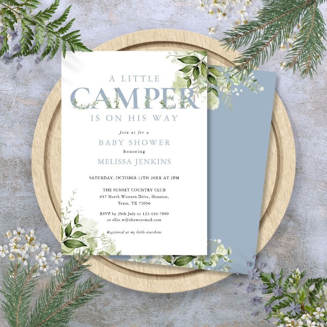 Convite Pequeno Camper Dusty Chá de fraldas Verde Azul (Little Camper Dusty Blue Greenery Baby Shower Invitation)