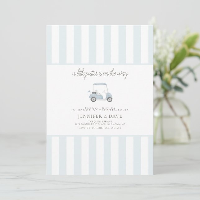 Convite Pequeno carrinho de golfe azul no caminho (Em pé/Frente)