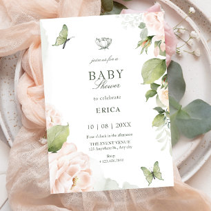 Convite Pequeno chá de bebê de folhas florais rosa suave e