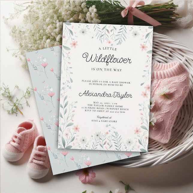 Convite Pequeno Chá de Flores Selvagens Pequenas (little wildflower baby girl shower invitation cottage garden watercolor pink teal pastel cute frame)