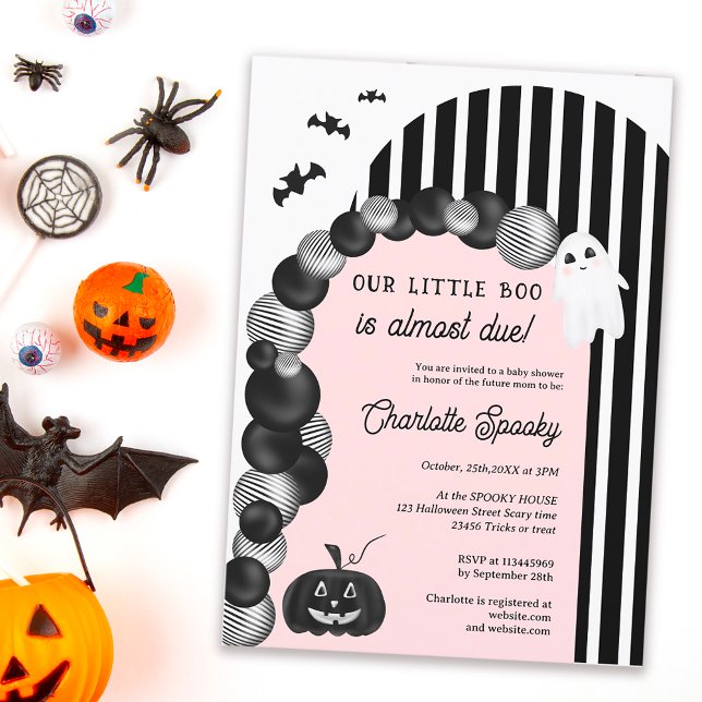 Convite Pequeno chá de fraldas branco preto do Halloween (Black white Halloween little boo baby shower Invitation pastel pink)