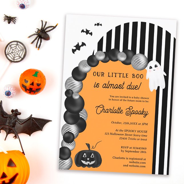 Convite Pequeno chá de fraldas branco preto do Halloween (Black white Halloween little boo baby shower Invitation orange)