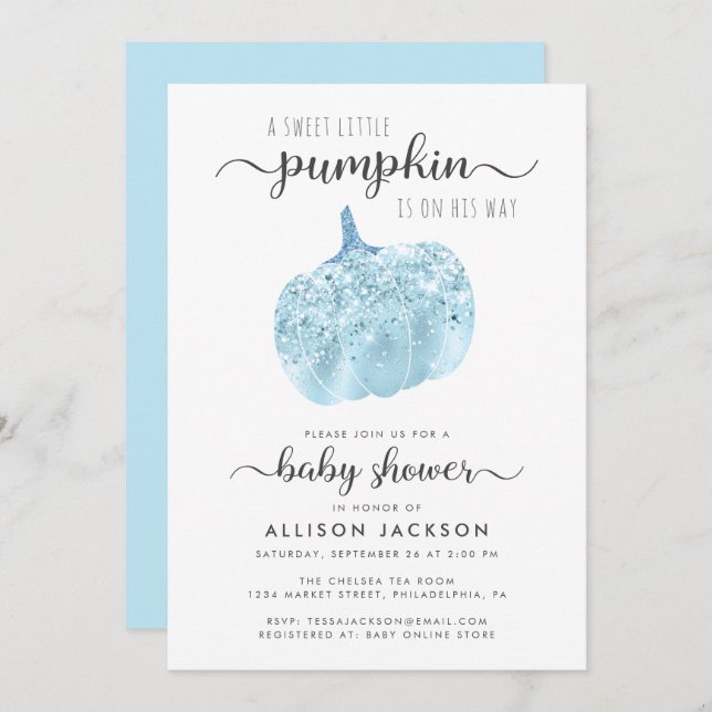 Convite Pequeno Chá de fraldas brilhante azul de abóbora (Frente/Verso)