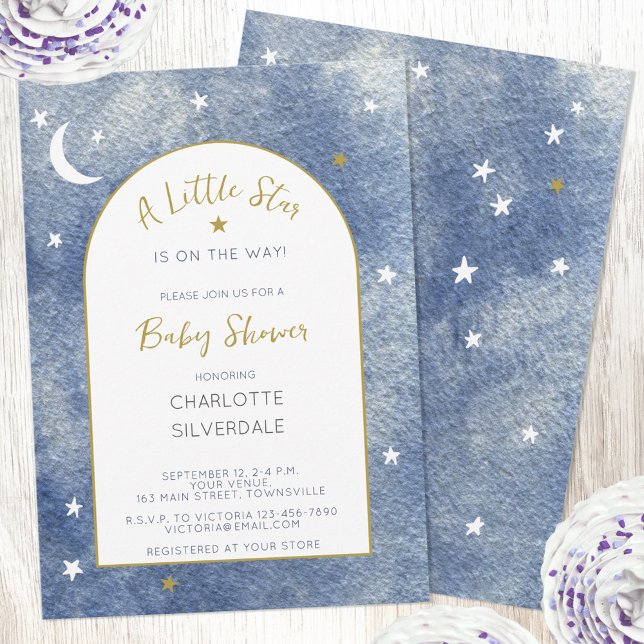 Convite Pequeno Chá de fraldas Celestial de Aquarelas (Little Star celestial personalized custom text watercolor baby shower invitation in navy white gold)