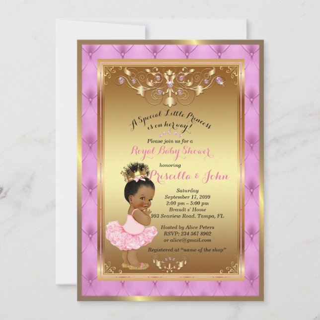 Convite Pequeno Chá de fraldas da Princesa, Rosa, Ouro (Frente)