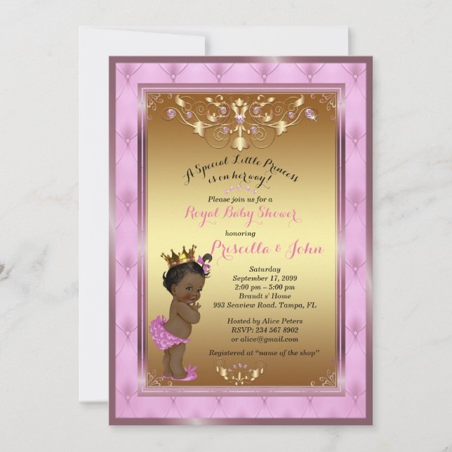 Convite Pequeno Chá de fraldas da Princesa, Rosa, Ouro (Frente)