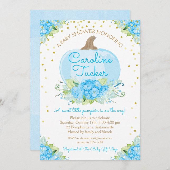 Convite Pequeno Chá de fraldas de Abóbora Aquarela Azul Do (Frente/Verso)