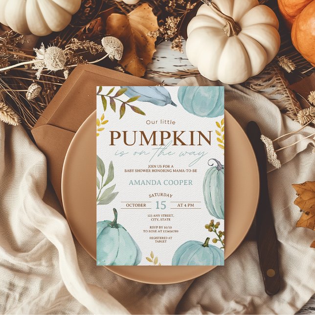 Convite Pequeno Chá de fraldas de Abóbora Azul (Out little pumpkin is on the way baby shower invitation boy)