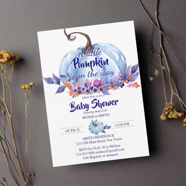 Convite Pequeno chá de fraldas de abóbora azul (Little pumpkin fall baby shower blue pumpkin boys baby shower template invitation instant download)