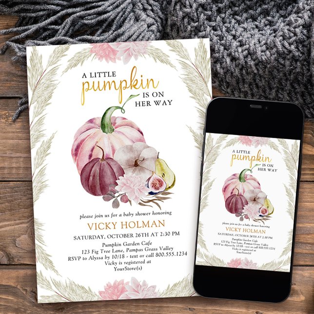 Convite Pequeno Chá de fraldas de abóbora e de grama-pampa (Little Pumpkin Baby Shower invitation from my Little Pumpkin collection
)