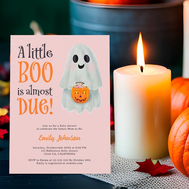 Convite Pequeno chá de fraldas de abóbora-fantasma (Little boo ghost pumpkin Halloween baby shower Invitation on pink)