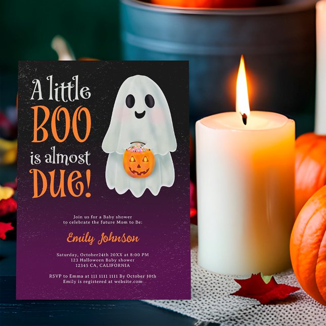 Convite Pequeno chá de fraldas de abóbora-fantasma (Little boo ghost pumpkin Halloween baby shower Invitation on purple)