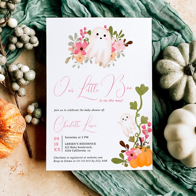 Convite Pequeno chá de fraldas de abóbora floral brilhante (Cute floral ghost pumpkin little boo baby shower invitation)