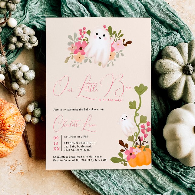 Convite Pequeno chá de fraldas de abóbora floral brilhante (Cute floral ghost pumpkin little boo baby shower invitation)