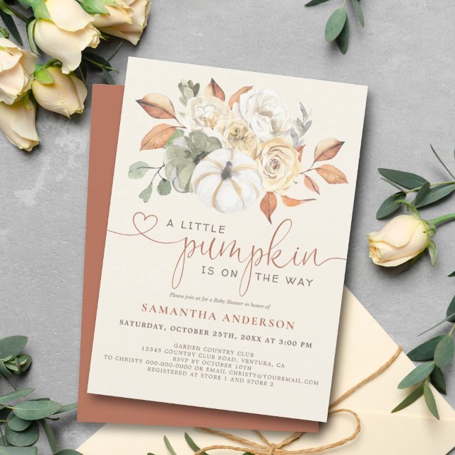 Convite Pequeno Chá de fraldas De Abóbora Floral De Aquare (For a baby shower that will leave a lasting impression, this little pumpkin-themed invite is perfect)