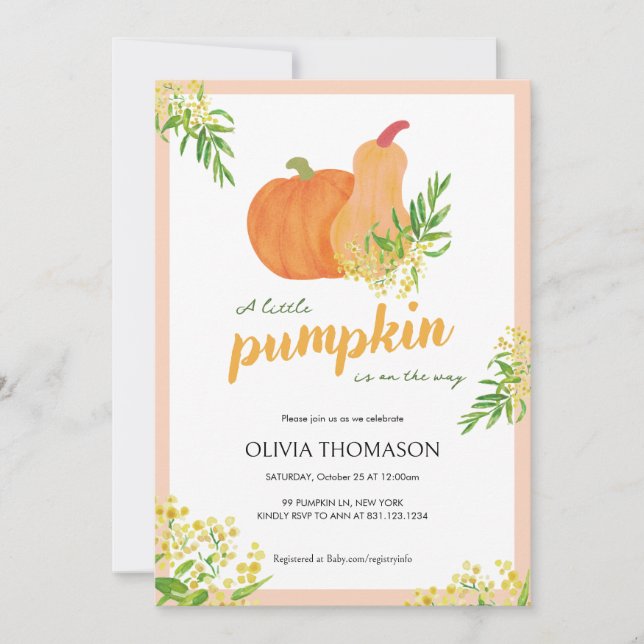Convite Pequeno Chá de fraldas De Abóbora Floral De Aquare (Frente)