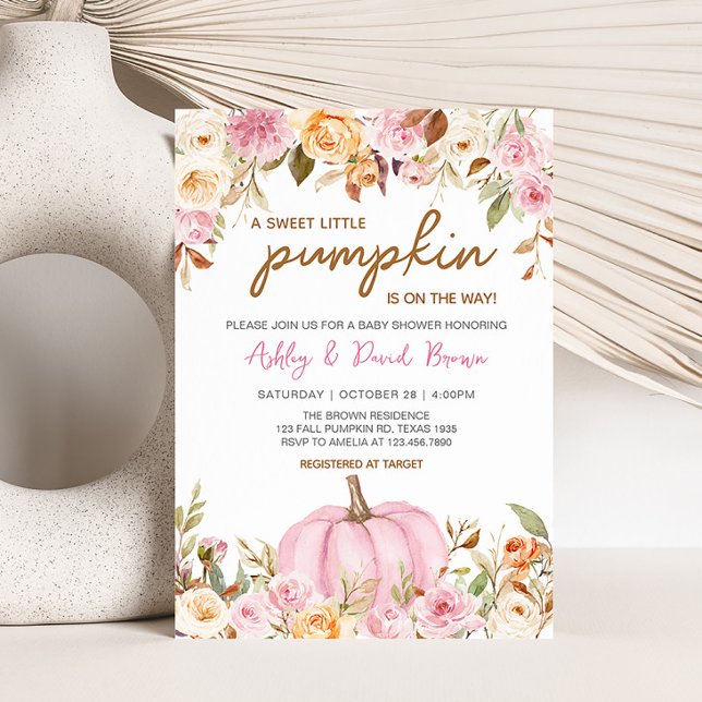 Convite Pequeno Chá de fraldas de Abóbora Floral Rosa (Girl Floral Pumpkin Baby Shower Invitation)