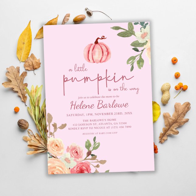 Convite Pequeno Chá de fraldas de Abóbora, Rosa Floral, Co (Pink Floral Little Pumpkin Baby Shower Invitation)