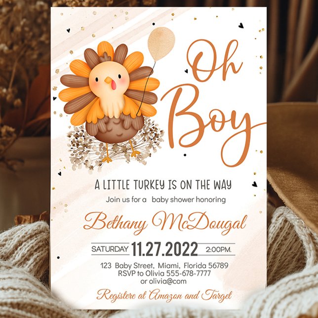 Convite Pequeno Chá de fraldas de Ação de Graças da Turqui (Little Turkey On The Way! Thanksgiving baby shower favor tags with turkey design, warm autumn colors)