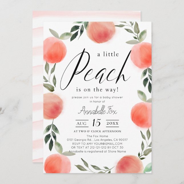Convite Pequeno Chá de fraldas de Aquarela de Pêssego (Frente/Verso)