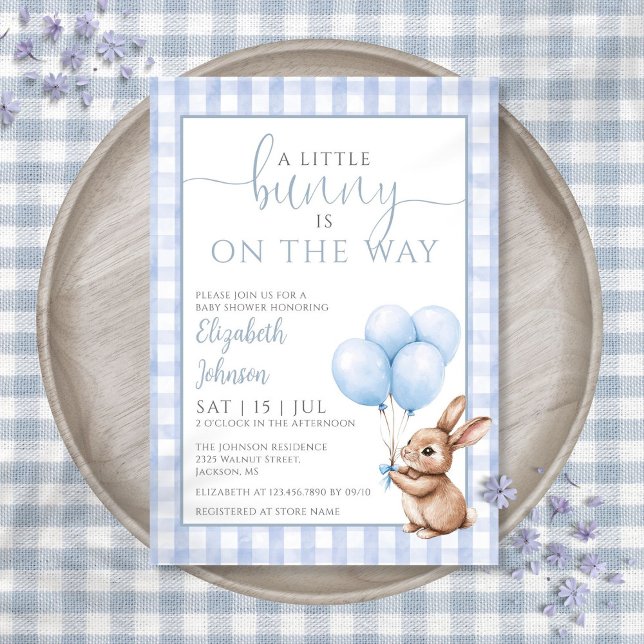 Convite Pequeno Chá de fraldas de Balões Azuis (Little Bunny Blue Balloons Boy Baby Shower Invitation)
