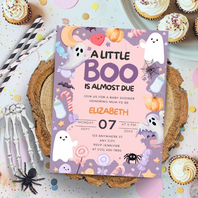 Convite Pequeno chá de fraldas de Boo Halloween (Little Boo is Almost Due Halloween baby shower invitation featuring cute watercolor ghost, pumpkin, )