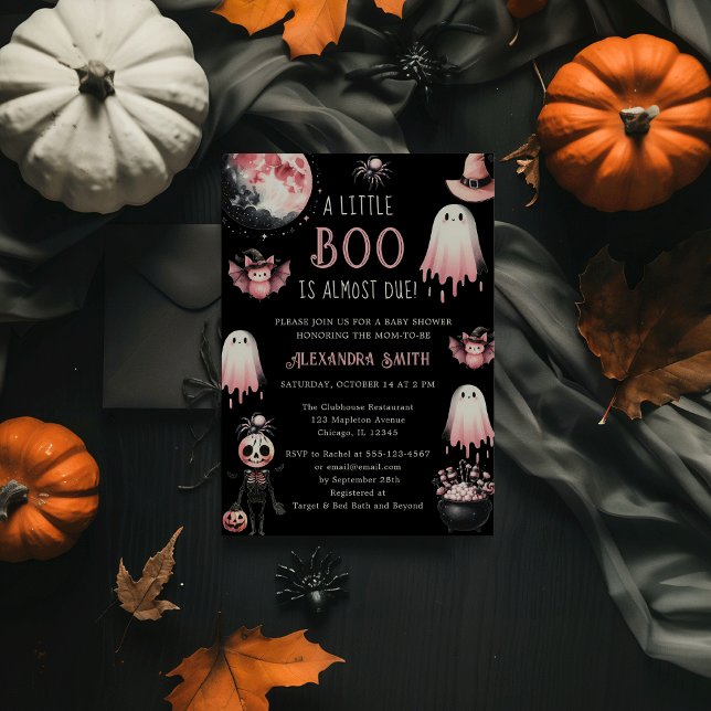Convite Pequeno Chá de fraldas de Boo Rosa e Negra (Little Boo is Almost Due! Pink & Black Halloween Girl Ghost Baby Shower Invitation)