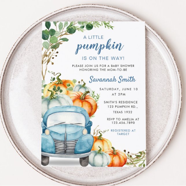 Convite Pequeno Chá de fraldas de Caminhão Azul Pumpkin (Fall Pumpkin Blue Truck Baby Shower Invitation)