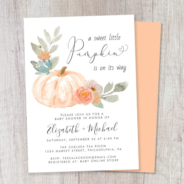 Convite Pequeno Chá de fraldas de Casais de Aquarela para  (Celebrate the upcoming arrival of your sweet little autumn baby with a pumpkin-themed baby shower)