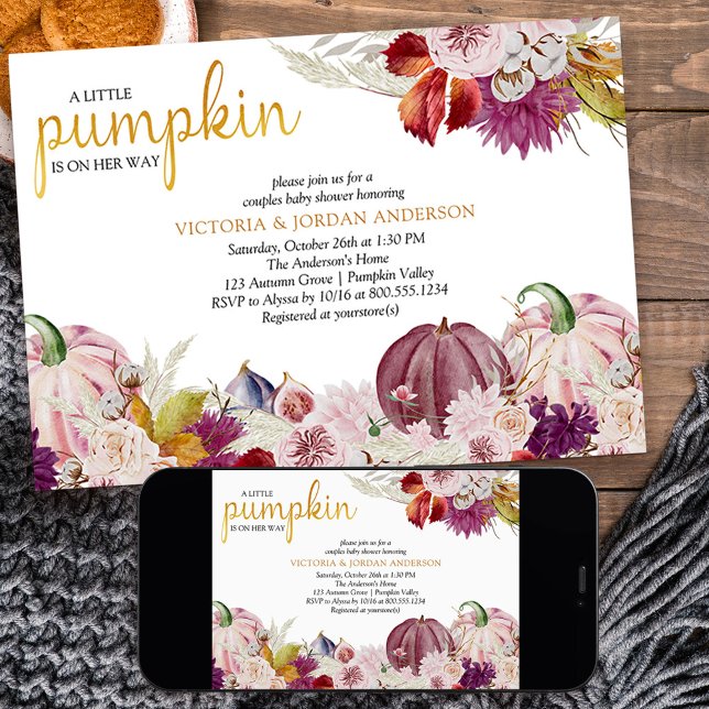 Convite Pequeno Chá de fraldas de Casais Florais Russos de (Fall baby shower with pink pumpkins and autumn theme from my Little Pumpkin collection)