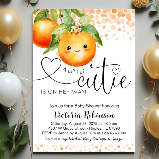 Convite Pequeno Chá de fraldas de Citros de Laranja Cutie (Sweet little cutie baby shower invitation with adorable face. Easily customize for your event.)