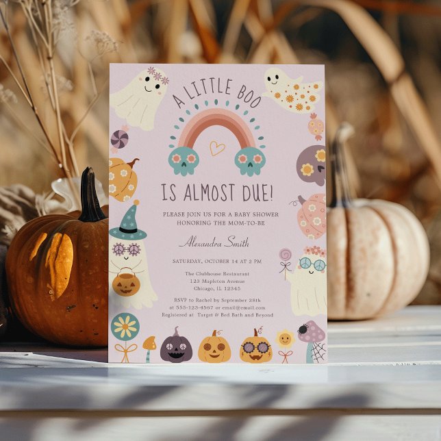 Convite Pequeno Chá de fraldas de Dia das Bruxas Retro de  (Little Boo Retro Halloween Baby Shower Invitation - Groovy Ghost, Pumpkin, Rainbow & Candy )
