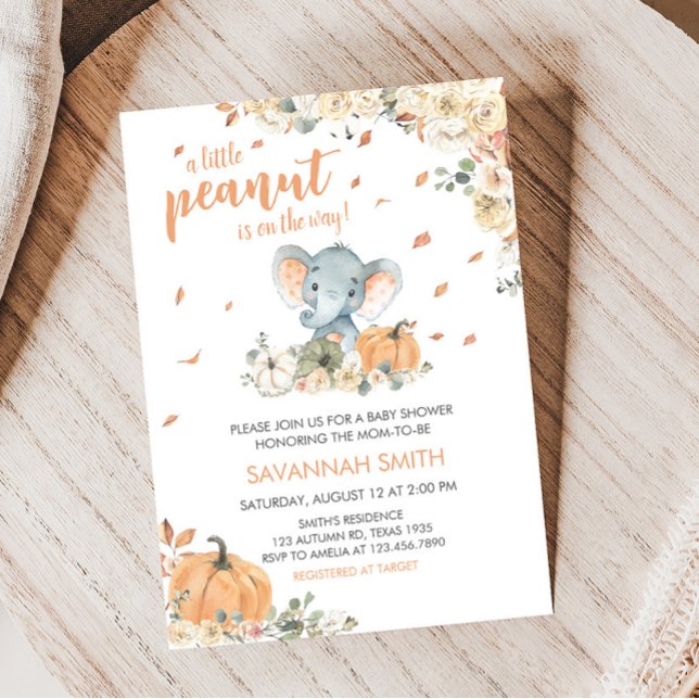 Convite Pequeno Chá de fraldas de Elefante de Amendoim (Fall Elephant Baby Shower Invitation)