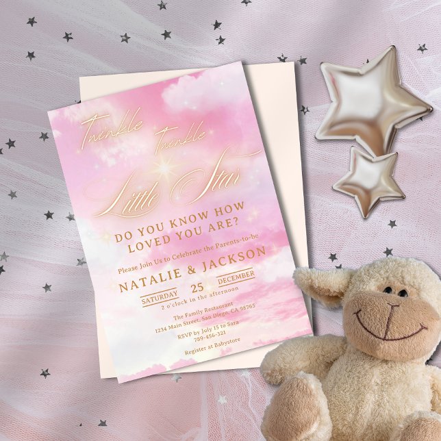 Convite Pequeno Chá de fraldas de Estrelas Rosa e Dourado (Sweet Pink & Gold Twinkle Little Star Baby Shower Invitation)