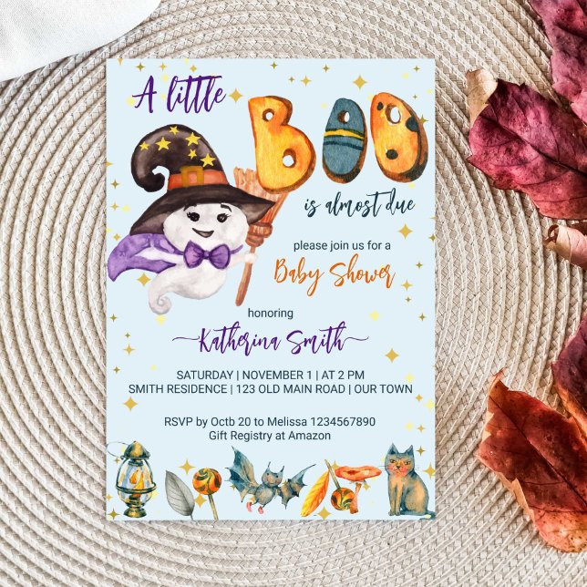 Convite Pequeno chá de fraldas de fantasma de bebê fofo do (Little boo Halloween baby shower template invitation instant download cute baby ghost with a hat cat)