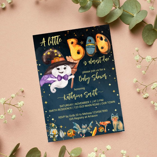 Convite Pequeno chá de fraldas de fantasma de bebê fofo do (Little boo Halloween baby shower template invitation cute baby ghost starry night background invite)
