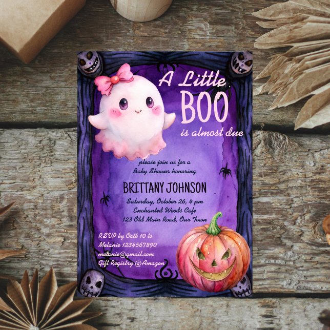 Convite Pequeno chá de fraldas de fantasma rosa-rosa-rosa- (Little boo Halloween pink cute bow ghost baby shower Invitation template instant download)