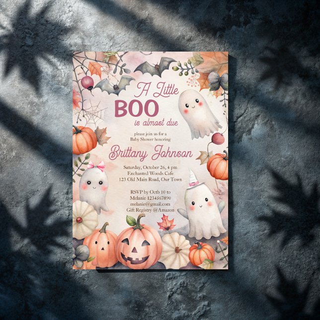 Convite Pequeno chá de fraldas de fantasma rosa-rosa-rosa- (Little boo Halloween pink cute ghosts and pumpkins baby shower Invitation template instant download)