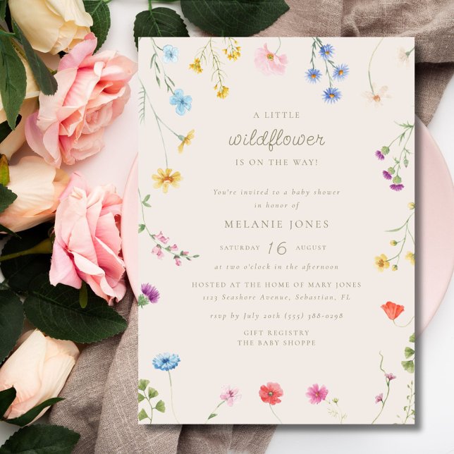 Convite Pequeno Chá de fraldas de Flor Selvagem (Little Wildflower Girl Baby Shower Invitation)