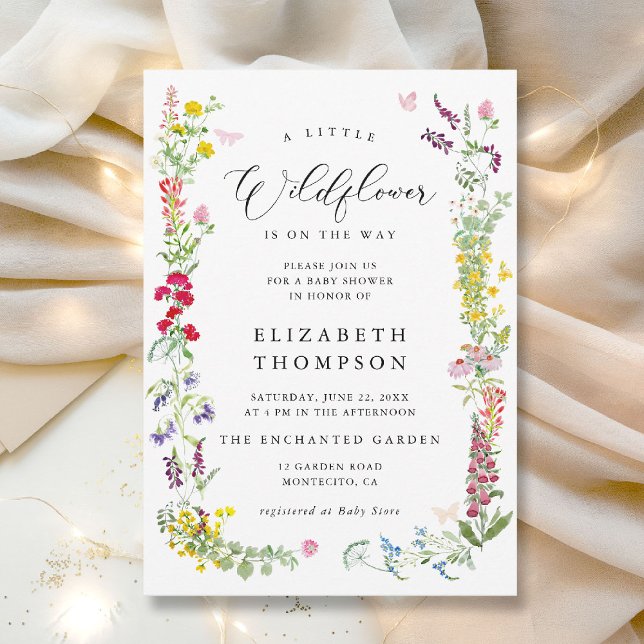 Convite Pequeno Chá de fraldas de Floral do Jardim de Flor (a little wildflower is on the way baby shower invitation colorful watercolor elegant calligraphy)
