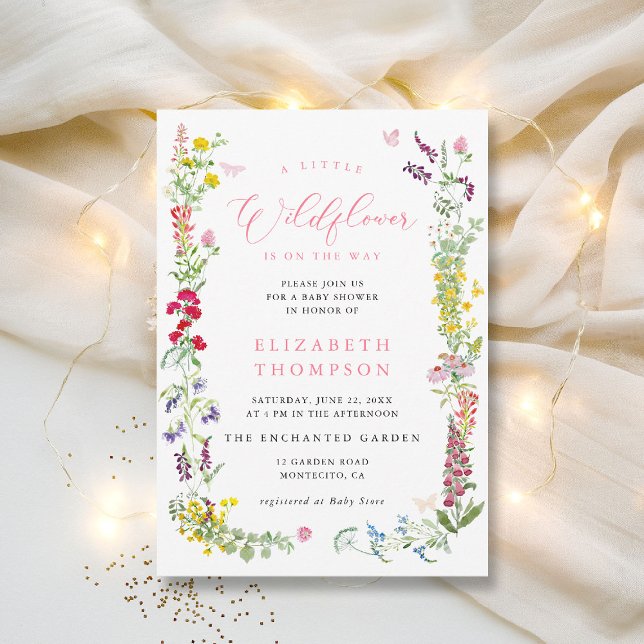 Convite Pequeno Chá de fraldas de Flores Moles de Flor (a little wildflower is on the way baby shower invitation feminine watercolor elegant calligraphy )