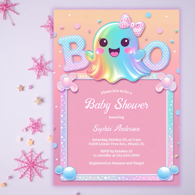 Convite Pequeno Chá de fraldas de Garota Fantasma (Little Boo Iridescent Ghost Baby Shower Invitation Cute Halloween Coquette Girl Invite for Fall)