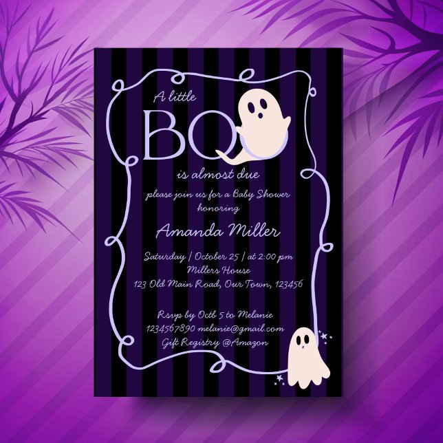 Convite Pequeno chá de fraldas de Halloween de fantasma fo (Little boo cute ghost retro black stripes Halloween baby shower Invitation cards template)