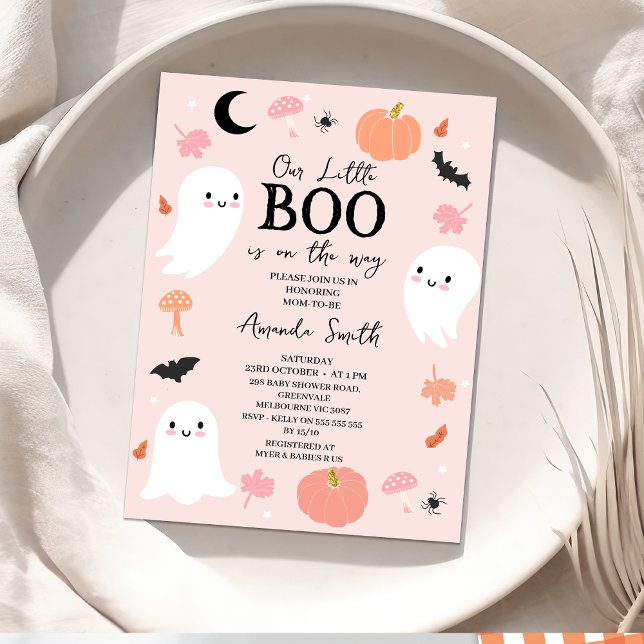 Convite Pequeno Chá de fraldas de Halloween Rosa Moderno (Pink Halloween Baby Shower Invitation, Girl Little boo baby Shower Invitation, Ghosts Our little Boo)