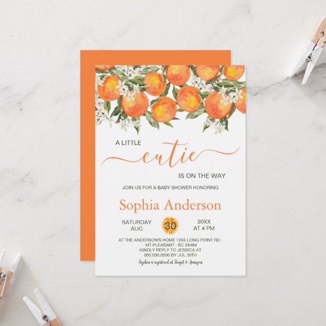 Convite Pequeno Chá de fraldas de Laranja Cutie (Frente/Verso In Situ)
