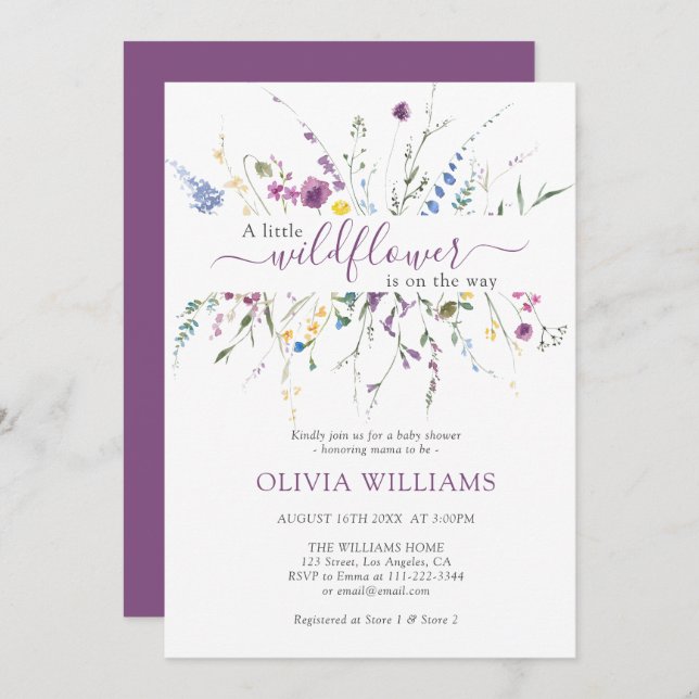 Convite Pequeno Chá de fraldas de Lilás Roxo de Prado de F (Frente/Verso)