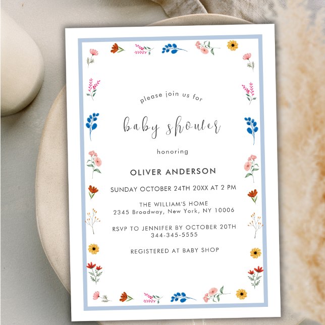 Convite Pequeno Chá de fraldas de Molho de Flor Selvagem M (Minimal Little Wildflower Frame Boy Baby Shower Invitation)