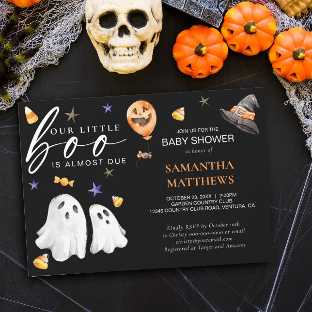 Convite Pequeno Chá de fraldas de outono de Boo Halloween  (Join us for a whimsically spooky celebration! Our little 'Boo' is on the way baby shower invite.)
